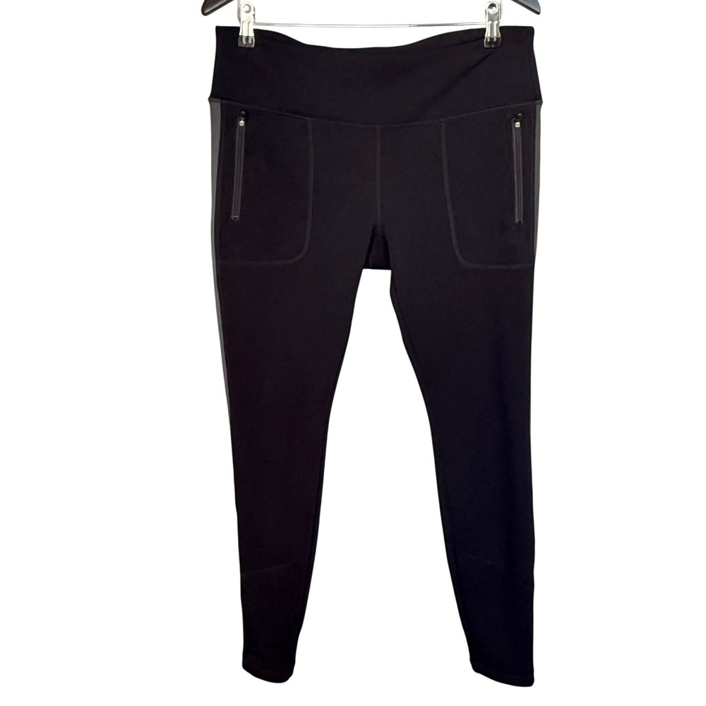 Athleta Black Fleece Lined Leggings Women L Reflective Stripe Zipper 74315